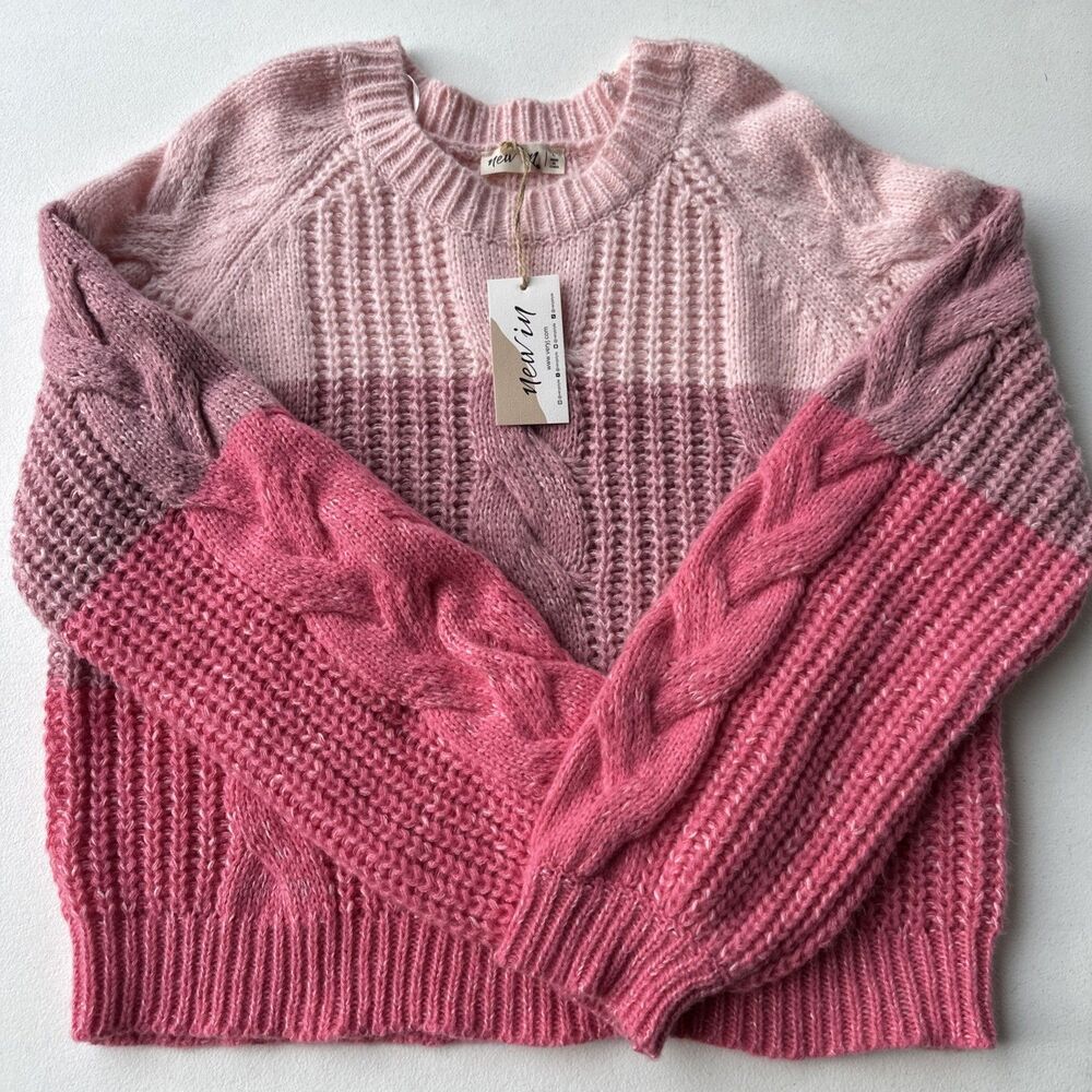 Cable Knit Braided Sweater Womens Size Large Barbie Pink Preppy Color Block